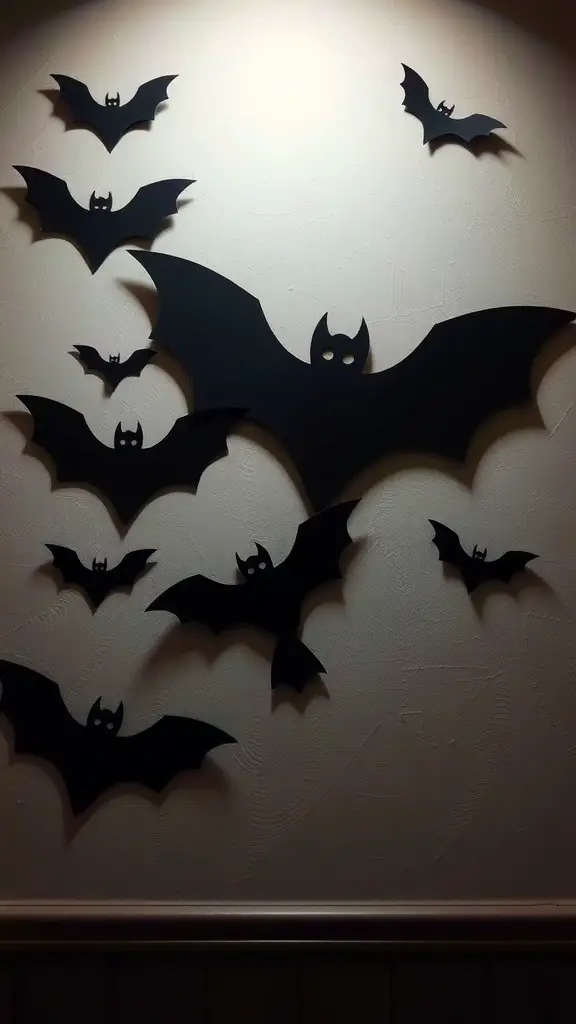 A wall decorated with various sizes of black bat cutouts