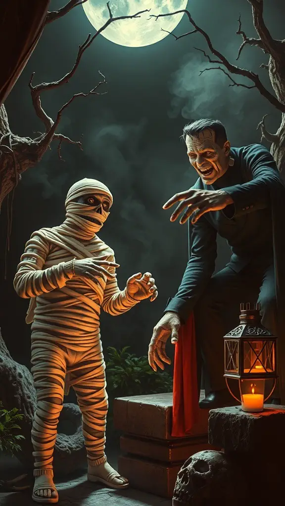 A mummy and a vampire in a spooky setting with a full moon, lantern, and skull.