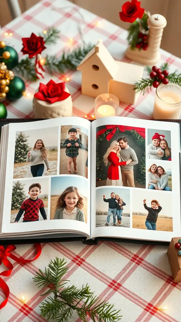 A personalized photo album open on a table, surrounded by festive decorations.