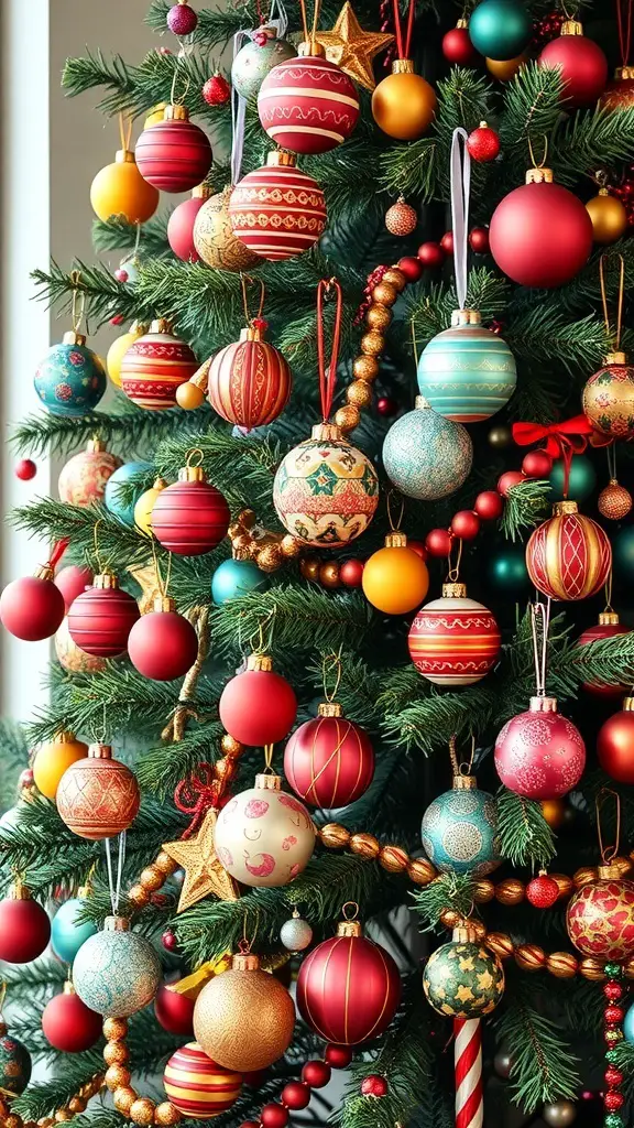 An eclectic Christmas tree adorned with colorful and whimsical ornaments.