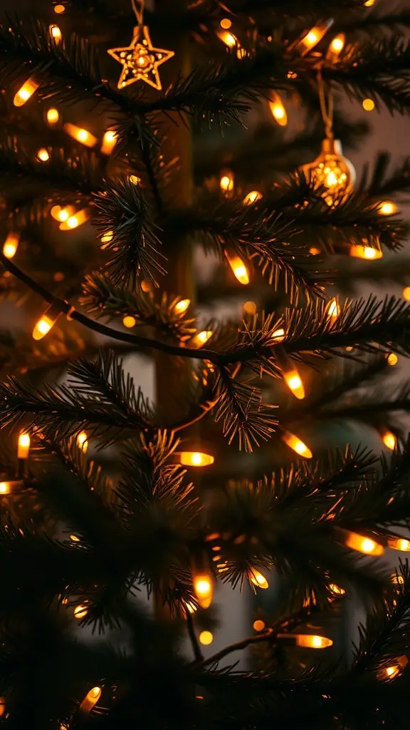 A close-up view of a Christmas tree adorned with warm-toned lights and decorative ornaments.