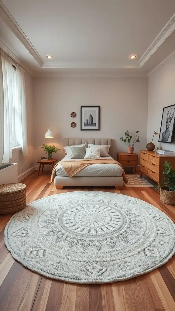 23+ Stunning Bedroom Rug Ideas to Transform Your Space 11 A cozy bedroom featuring a round rug on wooden flooring, with a bed, plants, and decorative elements.