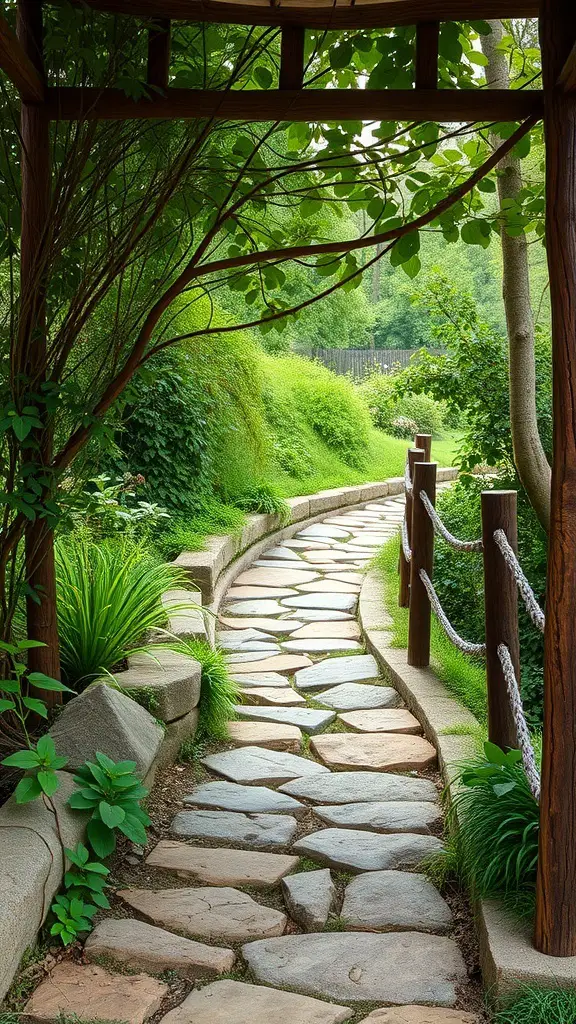 A curved natural stone pathway surrounded by lush greenery and plants.