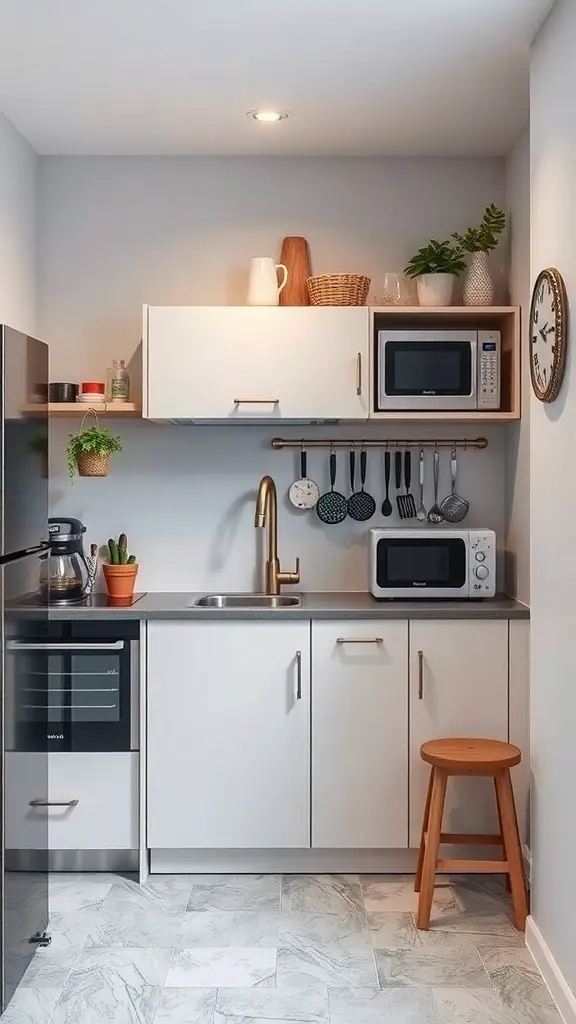 29+ Small Room Makeover Ideas to Maximize Space and Style 13 Compact kitchen with space-saving appliances and open shelving.