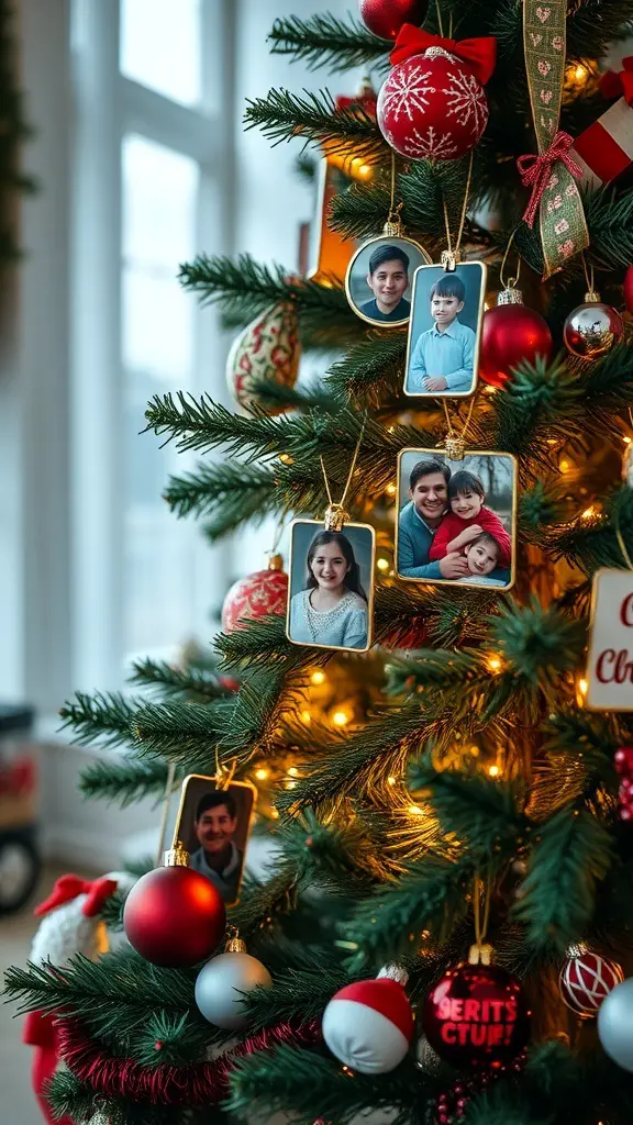 A Christmas tree decorated with family photo ornaments and colorful baubles.