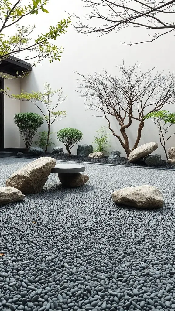 A tranquil Zen garden featuring smooth pebbles, rocks, and minimalist plants.