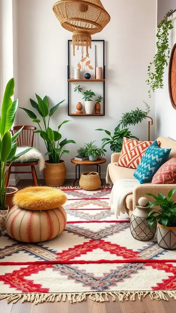 25+ Stunning Geometric Rug Designs for Your Home 10 A cozy living room with a geometric rug featuring layered shapes in vibrant colors, surrounded by plants and comfortable seating.