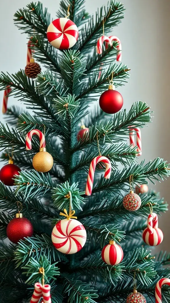 A retro Christmas tree decorated with candy canes and colorful ornaments.