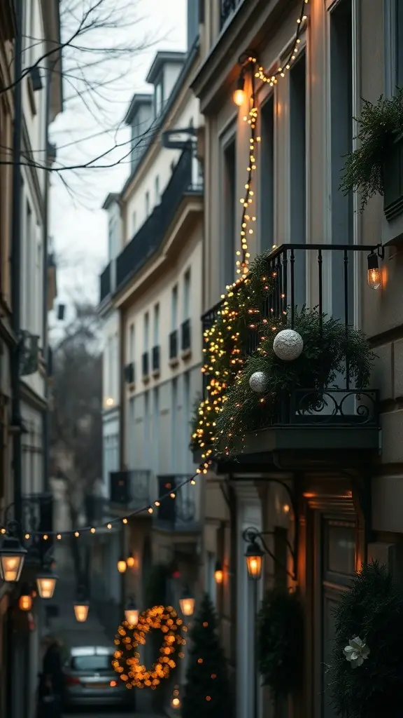 A charming Parisian street decorated with vintage Christmas lights and wreaths.