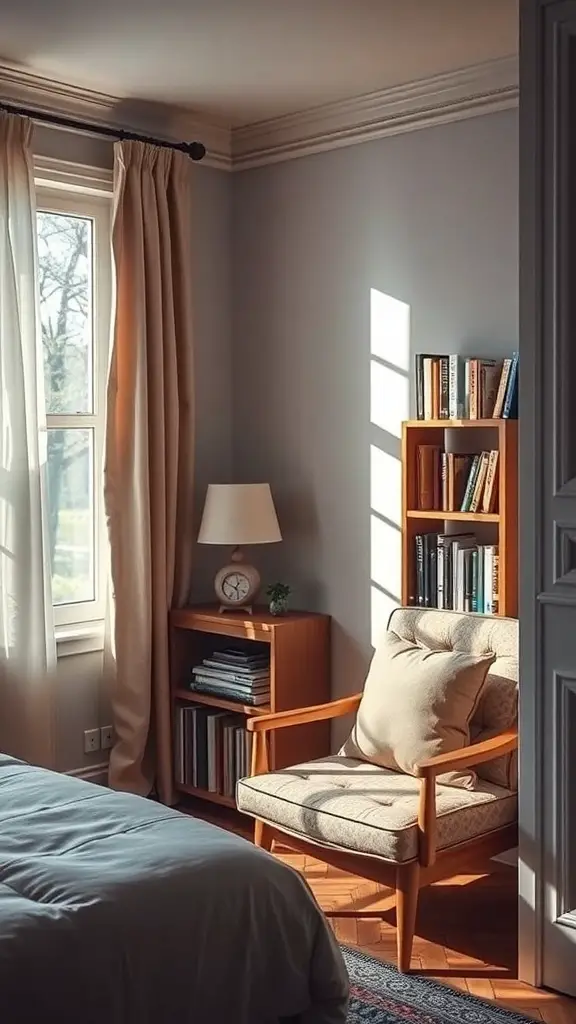 35+ Stunning Small Bedroom Interior Ideas for Cozy Spaces 7 Cozy reading nook in a small bedroom with a chair and bookshelf