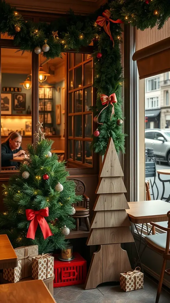 A rustic wooden Christmas tree next to a decorated green Christmas tree in a cozy cafe setting.