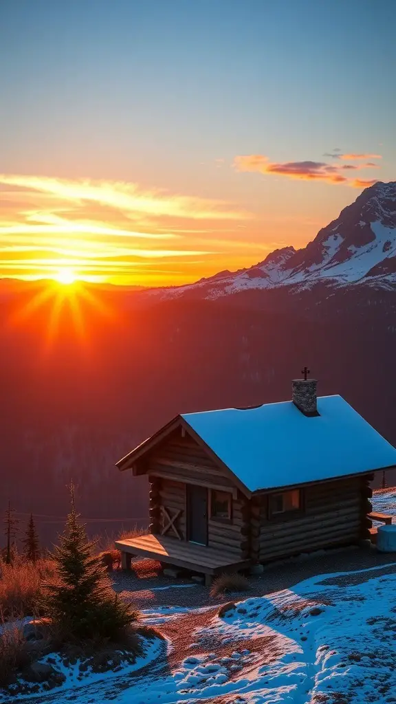 25+ Thoughtful Anniversary Gifts for Her 3 A cozy cabin in the mountains during sunset, surrounded by snow and trees.