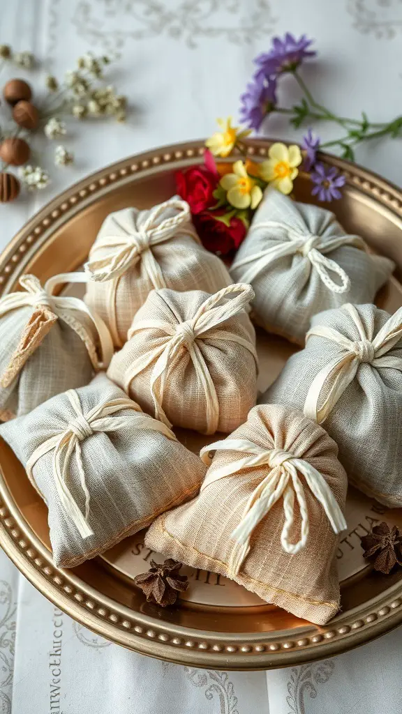 A collection of scented herbal sachets in various colors, arranged on a decorative plate with flowers.