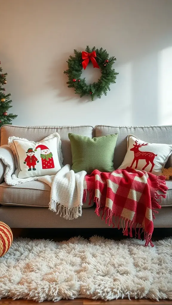 Cozy sofa decorated with seasonal throw pillows and blankets for Christmas