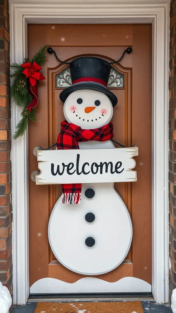 A charming snowman decoration on a door, featuring a black hat, red scarf, and a welcome sign.
