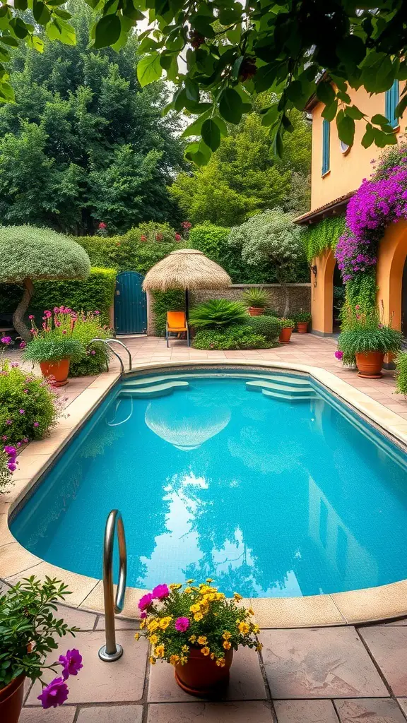 23+ Stunning Tuscan Pool Designs for Your Dream Backyard 8 A beautiful Tuscan pool surrounded by colorful flowers and greenery, featuring a thatched umbrella and inviting water.