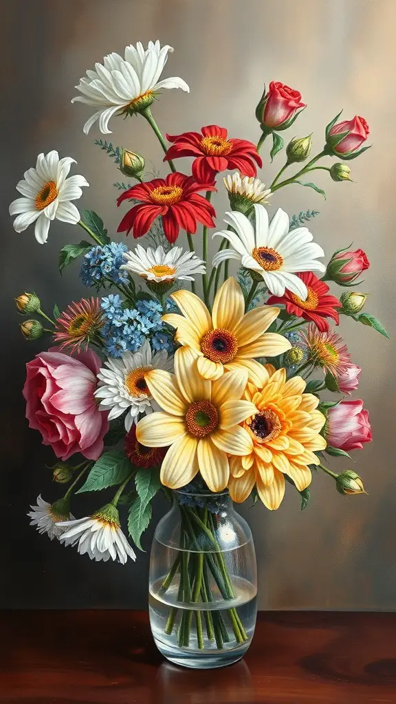 29+ Inspiring Acrylic Painting Ideas to Spark Your Creativity 5 A vibrant floral still life arrangement featuring daisies, roses, and sunflowers in a clear vase.