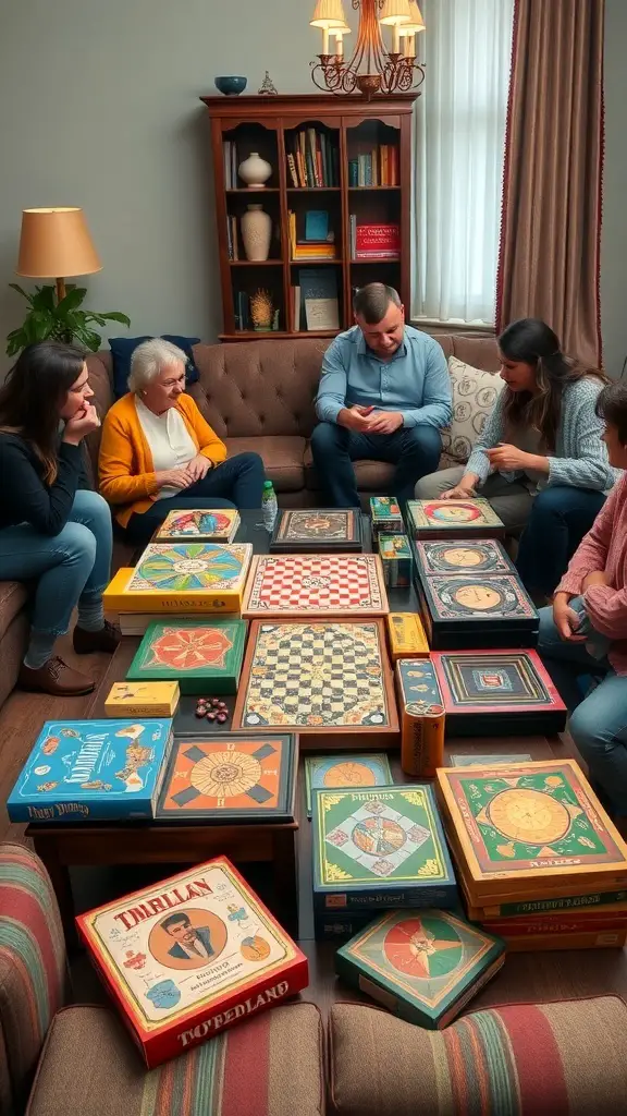 A group of people gathered around a table filled with classic board games in a cozy living room.