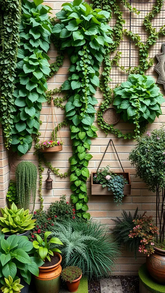 A vertical garden with various green plants cascading down a wall, showcasing wall-mounted planters and hanging baskets.
