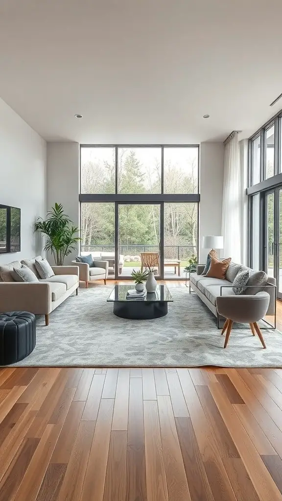 29+ Stunning Abstract Rugs to Elevate Your Living Room Decor 13 A modern living room featuring a large abstract rug, two sofas, a coffee table, and large windows.