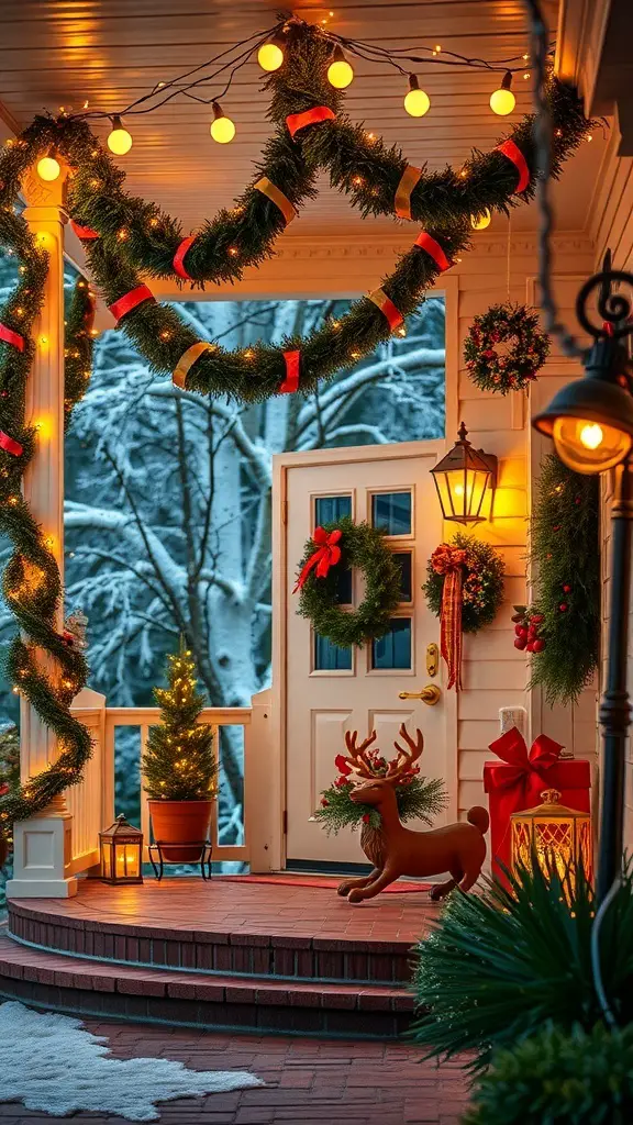 A beautifully decorated porch with vintage Christmas lights, wreaths, and festive decorations.