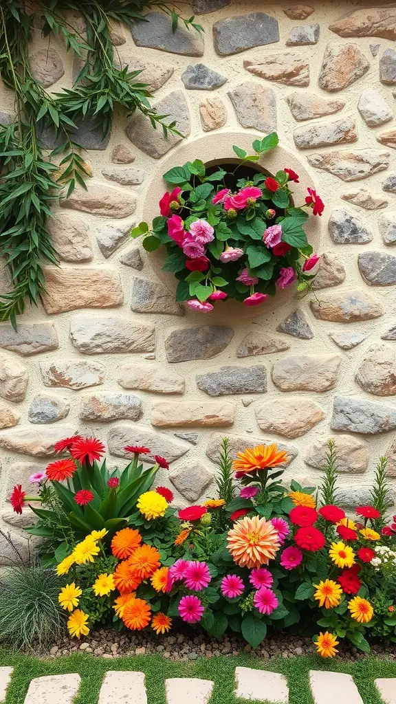 29+ Inspiring Tuscan Garden Ideas for Your Outdoor Oasis 13 Colorful flowers in front of a stone wall with a hanging planter.