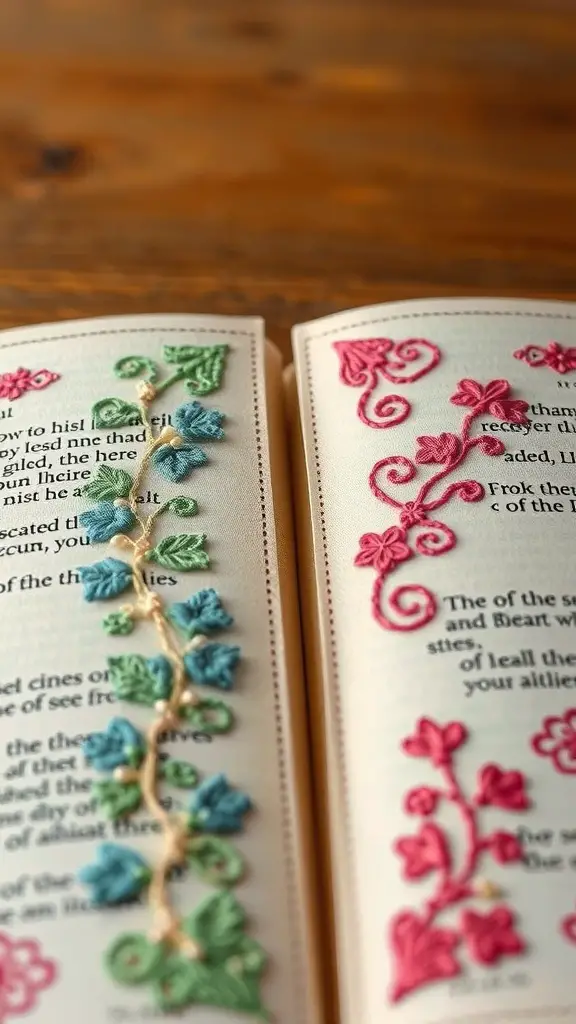 Embroidery bookmarks with textured floral designs in green, blue, and pink.