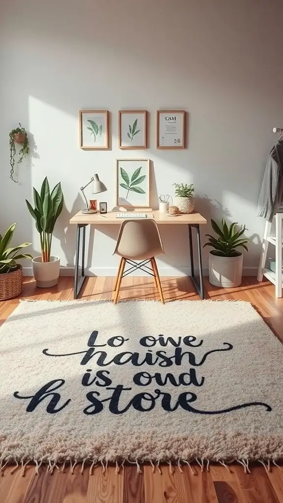 23+ Stunning Rug Design Ideas to Transform Your Space 16 A cozy room with a rug featuring an inspirational quote, surrounded by plants and a desk.