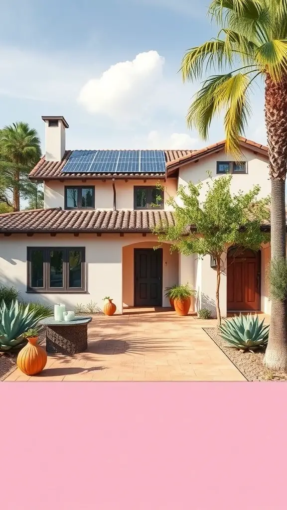 29+ Inspiring Spanish Revival Home Designs You’ll Love 14 A modern Spanish Revival home featuring solar panels, native plants, and a welcoming outdoor space.