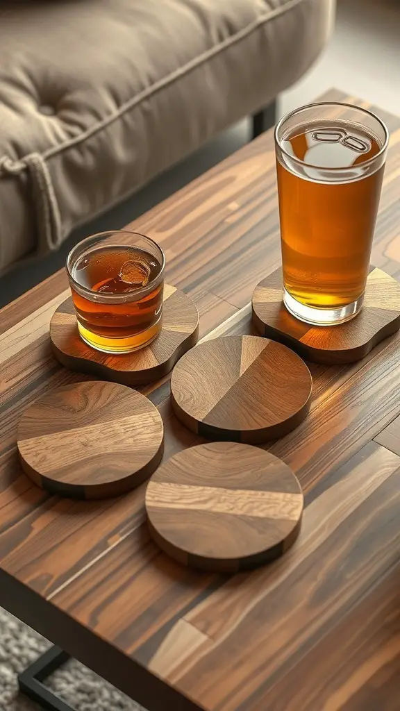 23+ Thoughtful Homemade Gift Ideas for Your Boyfriend 11 A set of handcrafted wooden coasters on a table with drinks.