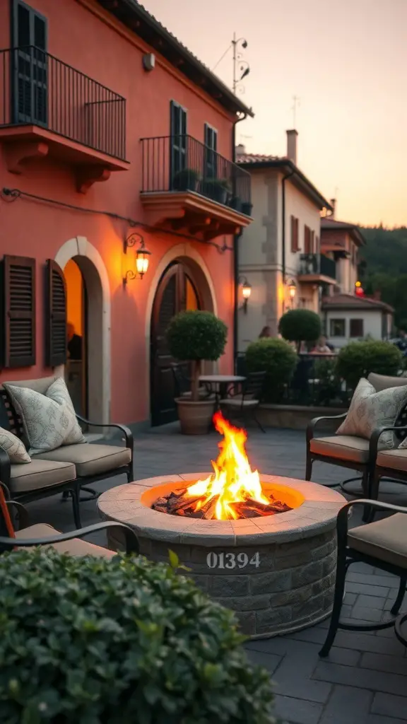 27+ Stunning Italian Terrace Ideas for Your Outdoor Escape 14 A cozy fire pit surrounded by seating on an Italian terrace at sunset.