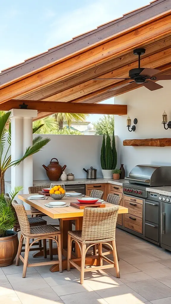 25+ Stunning Spanish Beach House Designs You’ll Love 11 A functional outdoor kitchen with a grill, dining table, and tropical plants.