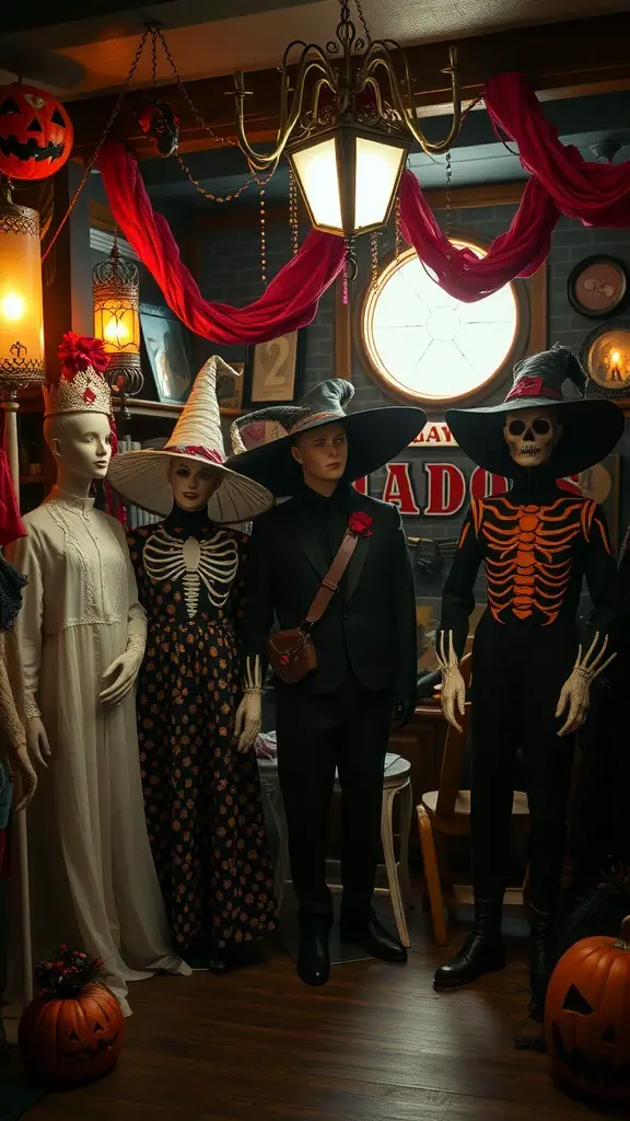 A display of vintage Halloween costumes on mannequins, featuring a skeleton outfit, a witch costume, and a dapper suit, set in a cozy, decorated room.