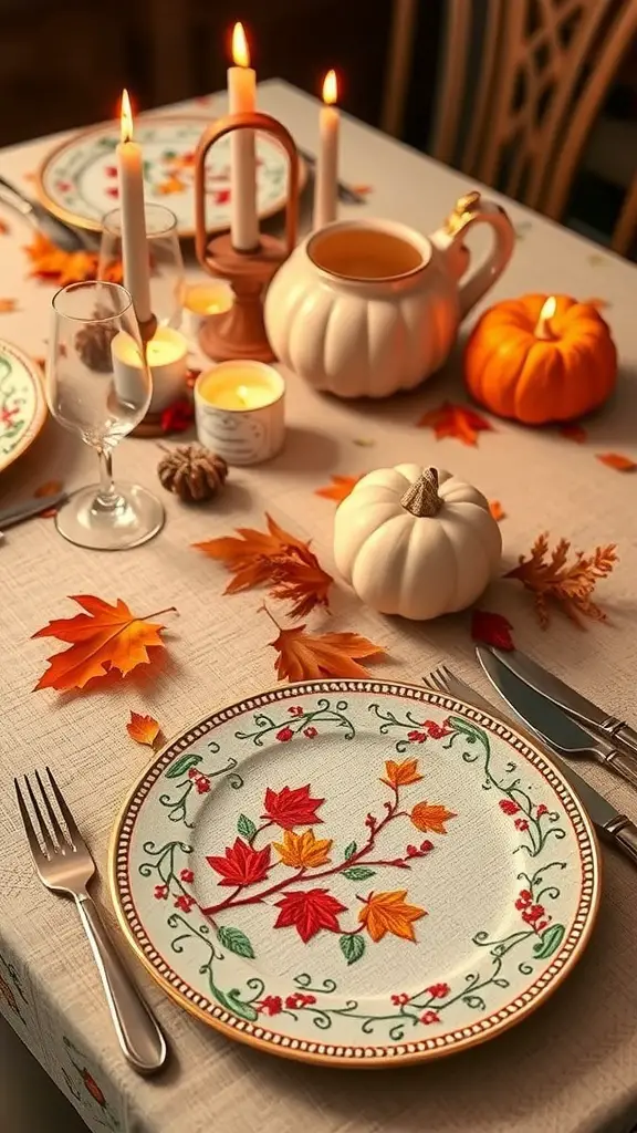 33+ Stunning Fall Embroidery Ideas to Try This Season 11 Thanksgiving table setting with autumn leaves, pumpkins, and elegant dinnerware