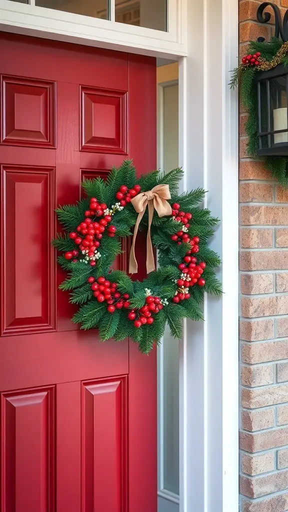 A red door with a green wreath decorated with red berries and a bow