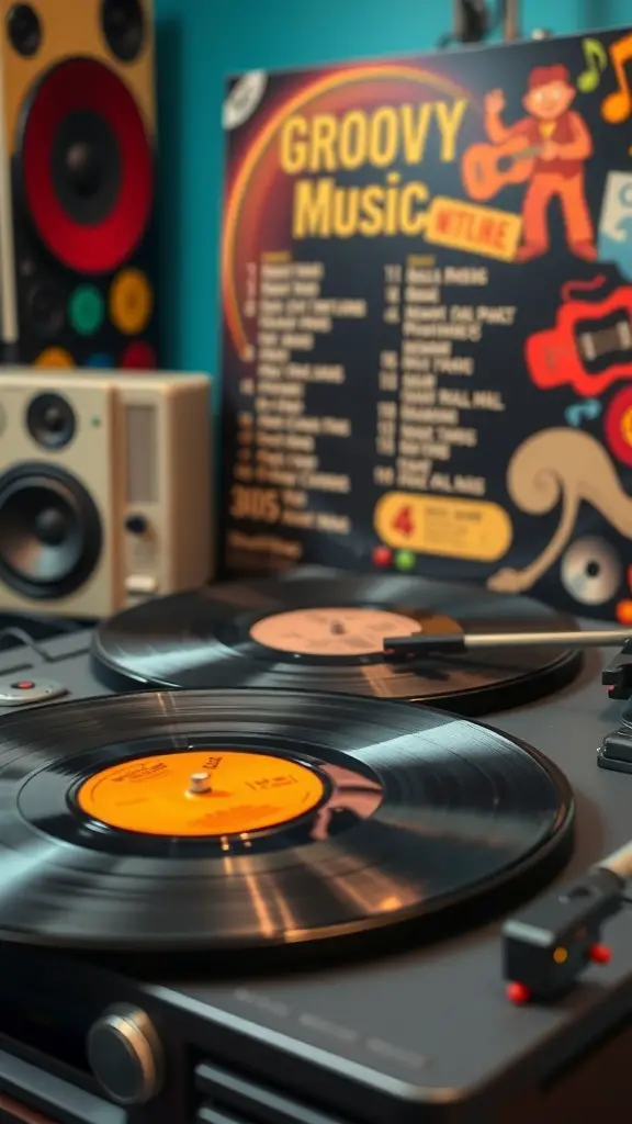 A turntable with vinyl records and a colorful playlist titled 'Groovy Music'.