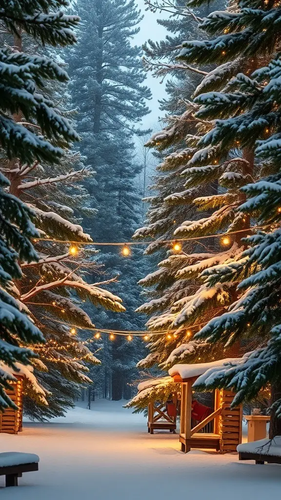 A snowy woodland path illuminated by string lights, surrounded by tall trees.