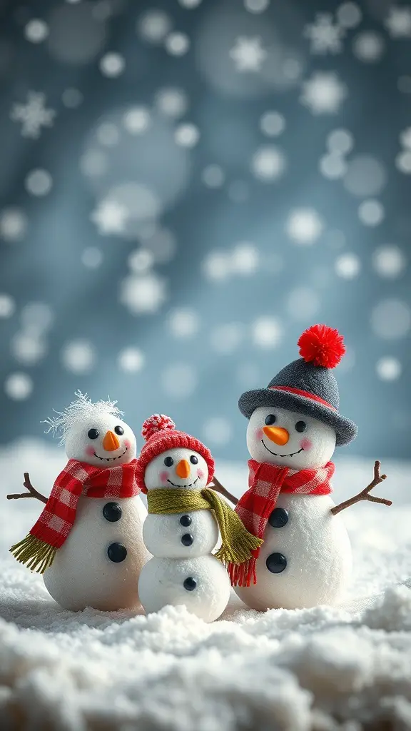 Three cute snowman figurines wearing scarves and hats, surrounded by snowflakes.