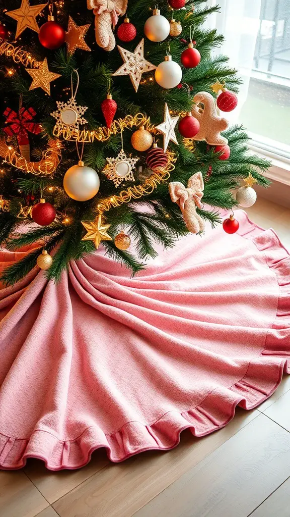 A pink tree skirt draped elegantly around a Christmas tree decorated with red and gold ornaments.