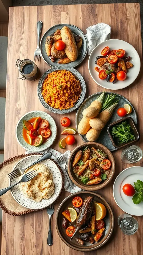 25+ Stunning Mediterranean Terrace Ideas for Your Home 6 A beautifully arranged Mediterranean table setting with various dishes including rice, grilled meats, and fresh vegetables.