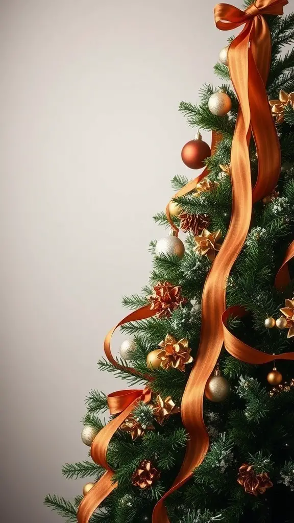 A Christmas tree decorated with warm brown and gold ribbons, gold ornaments, and natural accents.