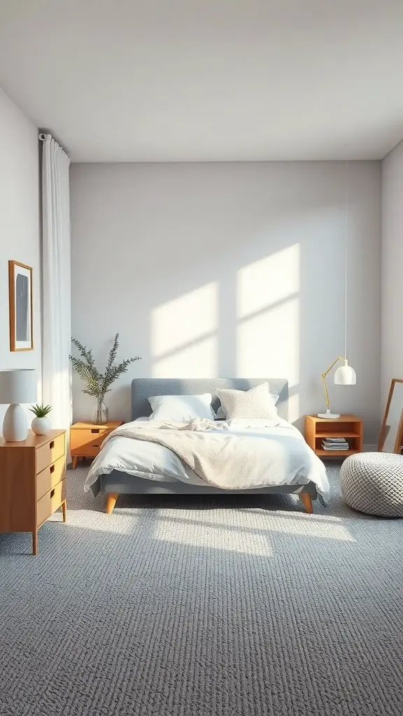23+ Stylish Grey Carpet Bedroom Ideas for a Cozy Retreat 14 A serene bedroom featuring a grey carpet, light walls, and simple wooden furniture.