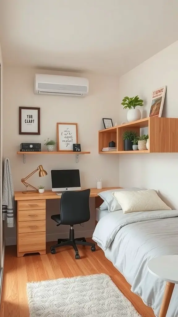 35+ Cozy Tiny Bedroom Ideas for Couples: Maximize Your Space Together 13 A cozy tiny bedroom with a corner desk, shelves, and a bed, showcasing effective use of space.