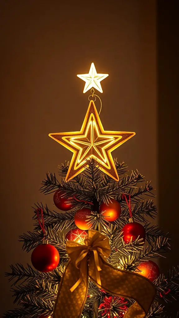 A Christmas tree with a glowing star topper and red ornaments.