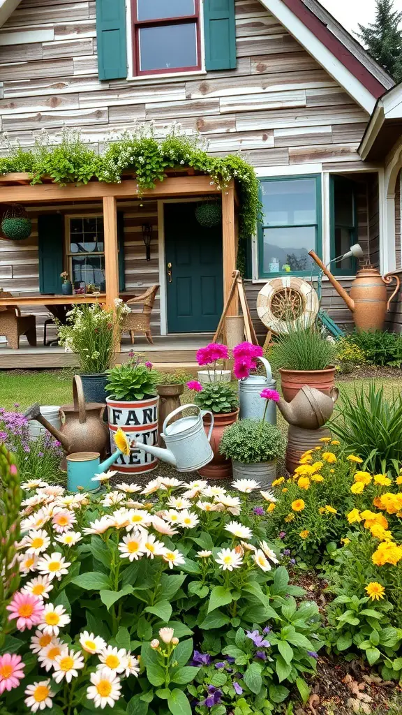 A rustic house with a cozy porch surrounded by colorful flower beds and vintage garden decor.