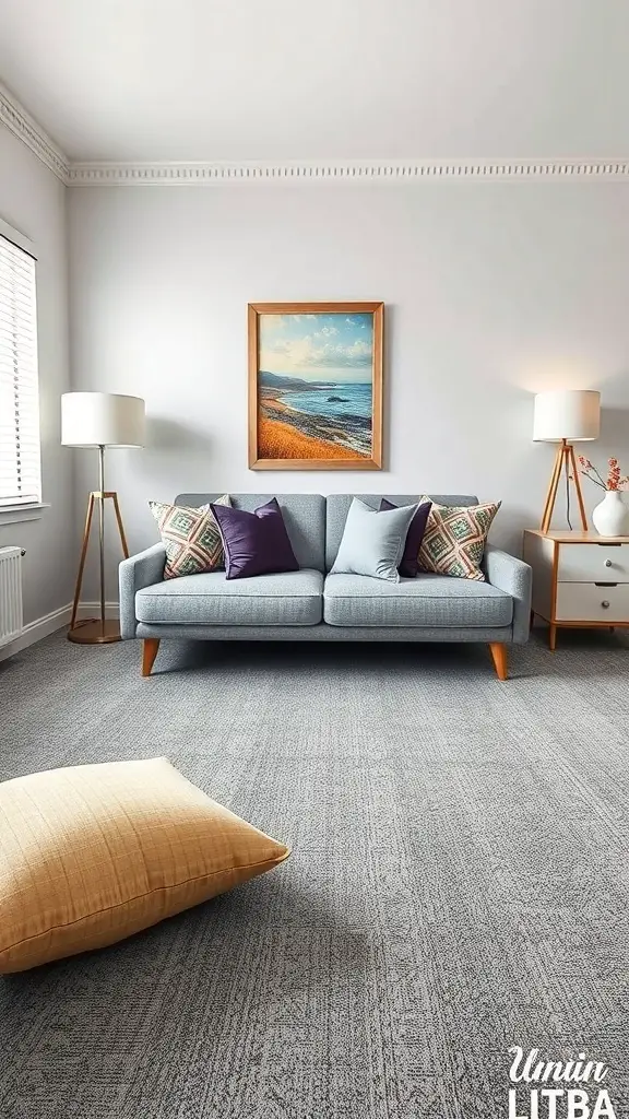 23+ Stylish Grey Carpet Bedroom Ideas for a Cozy Retreat 7 A cozy bedroom featuring a grey carpet, blue sofa, colorful cushions, and a piece of artwork.
