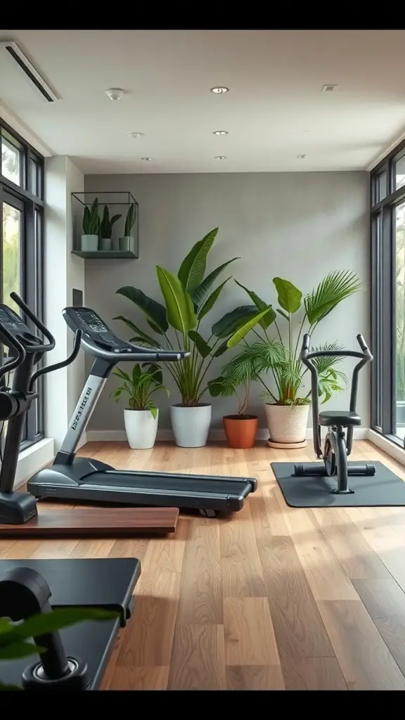 A gym space with exercise equipment and indoor plants, creating a relaxing atmosphere.