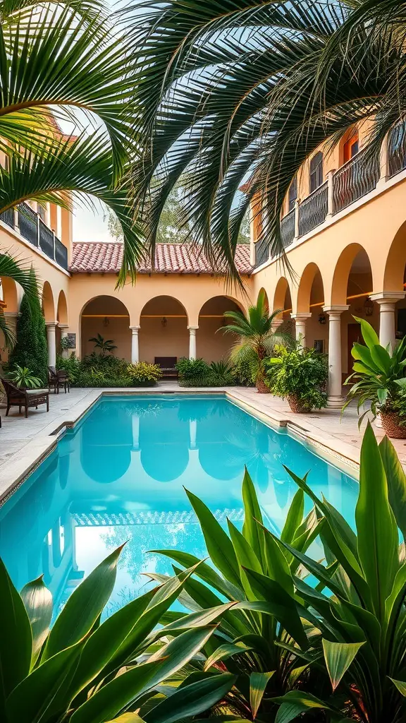 23+ Stunning Spanish Style Pool Designs to Inspire Your Backyard Oasis 11 A beautiful pool surrounded by lush greenery and palm trees, creating a serene atmosphere.