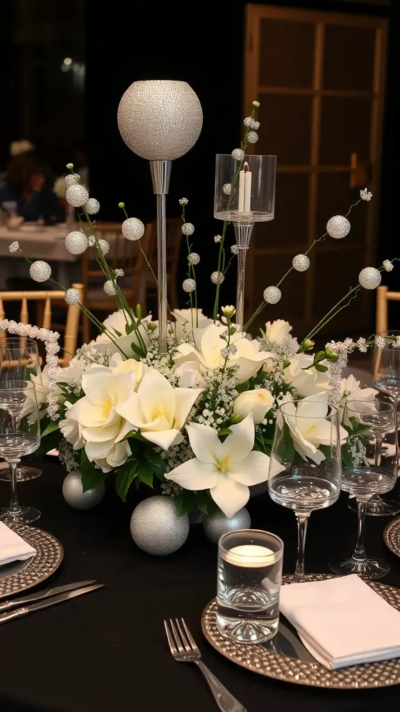 A winter-themed centerpiece with white flowers and silver accents.