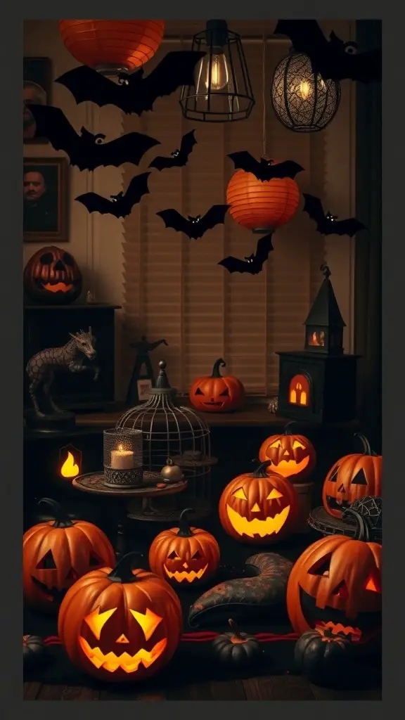 A cozy Halloween decor scene featuring carved pumpkins, colorful lanterns, and bats.